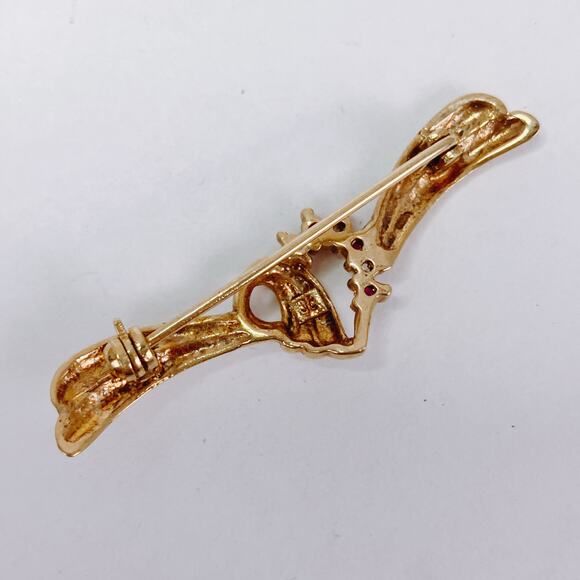 Vintage Heart Ribbon Pin JC Signed Mid Century Gold Filled Bar Brooch Red Ruby - Picture 8 of 12